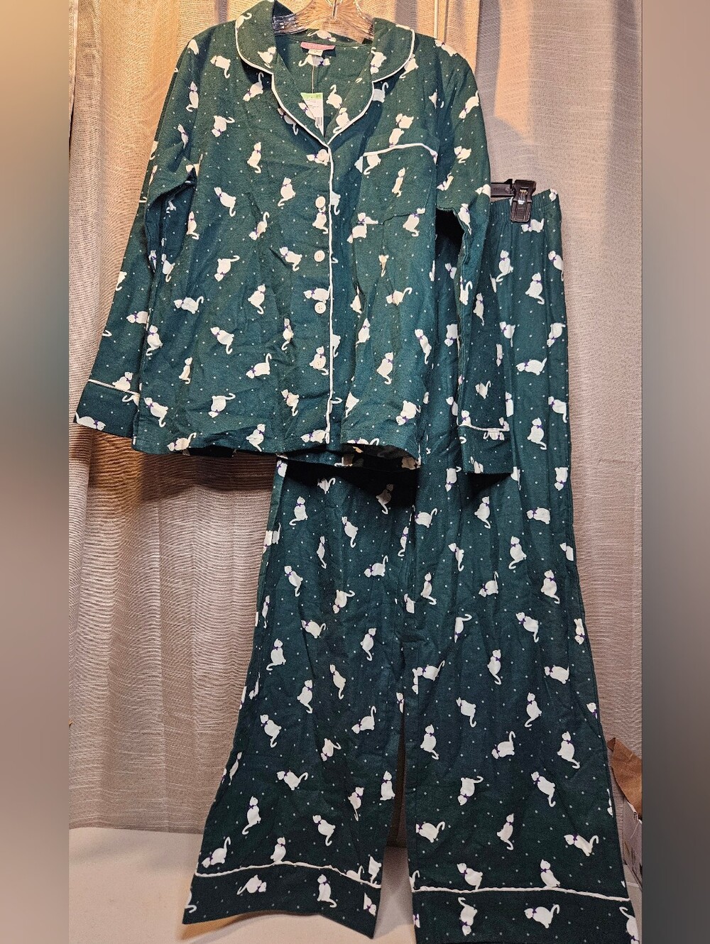 Laura Scott Flannel Pajama Set Cat w Bow tie print Green Medium NEW 100% Cotton